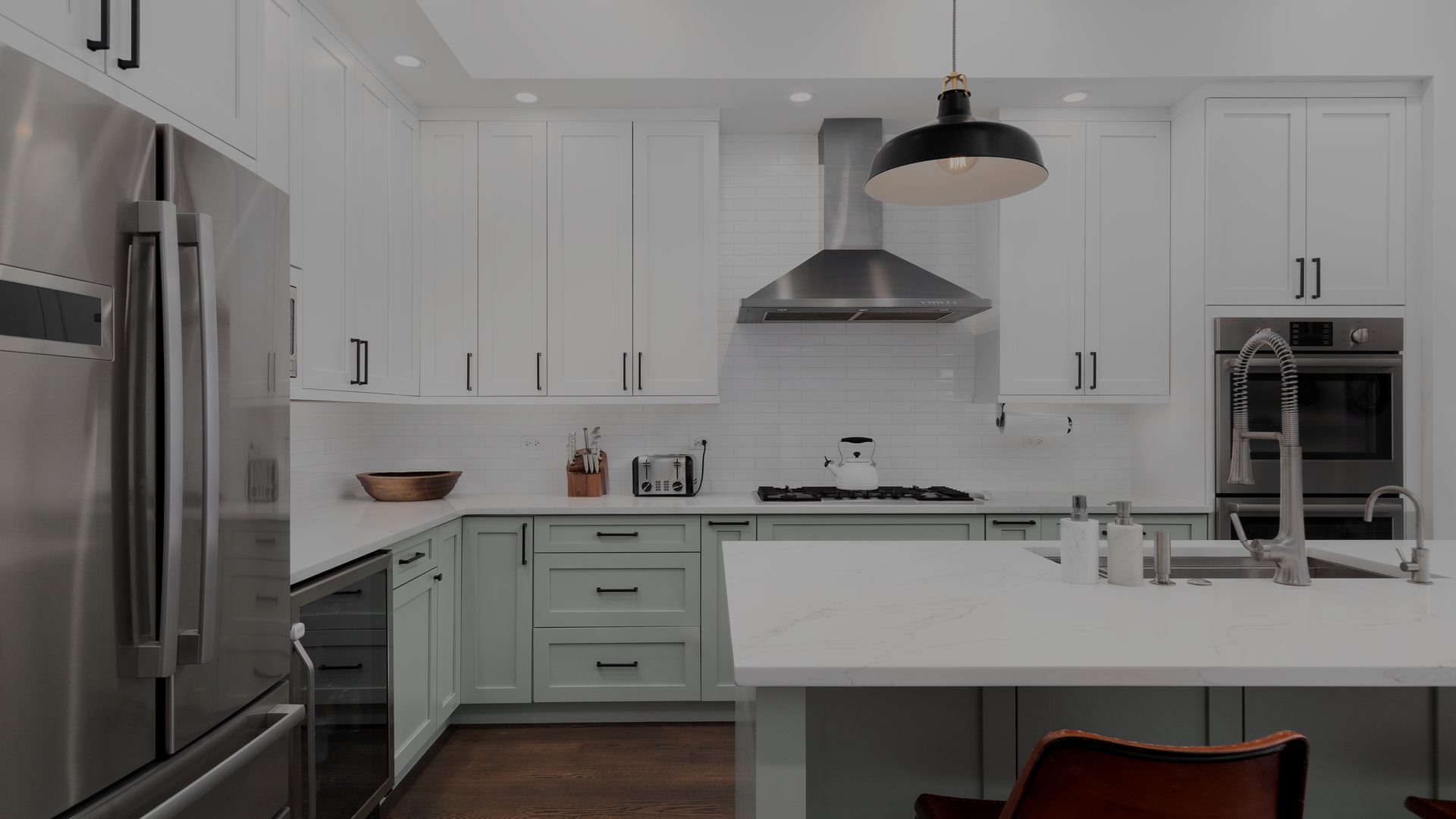 A,Kitchen,Detail,With,White,And,Sage,Green,Cabinets,,A