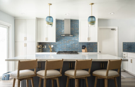 San Diego Kitchen Remodel, blue-coastal Coastal-inspired kitchen remodel in Clairemont, San Diego, featuring an oversized island, white shaker cabinets, and blue tile backsplash.